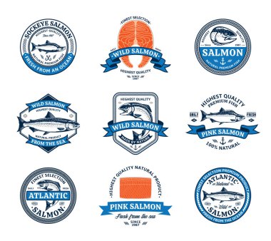 Vektör somon logosu. Somon balığı çizimleri, çiğ biftek ve fileto. Modern tarz deniz ürünleri etiketleri