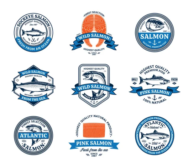 Logo Salmón Vectorial Ilustraciones Pescado Salmón Filetes Crudos Filetes Etiquetas — Vector de stock