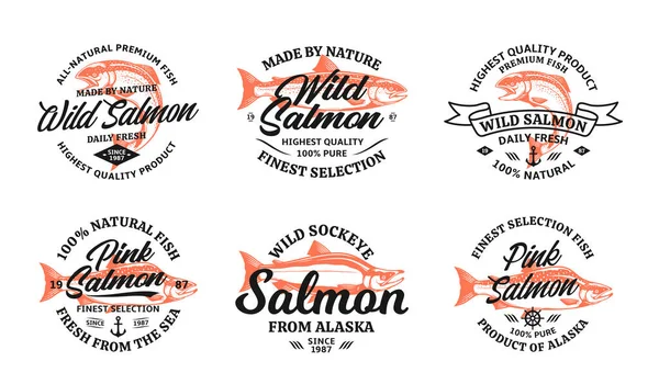 Logotipo Vintage Salmão Vetorial Fundo Branco Ilustrações Para Mercearias Pesca —  Vetores de Stock