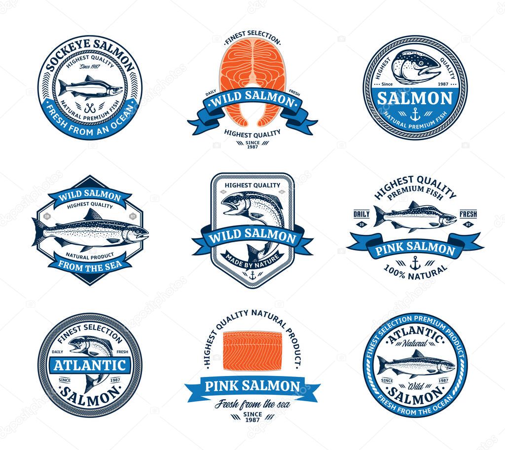 Vector salmon logo. Salmon fish illustrations, raw steaks, and fillet. Modern style seafood labels