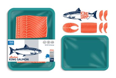 Vektör Alaska kral somon paketleme illüstrasyonu. Somon biftek ve fileto. Plastik film modeliyle Teal renk köpük tepsisi