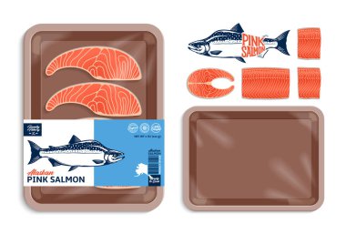 Vektör Alaska pembe somon paketleme illüstrasyonu. Somon biftek ve fileto. Kahverengi köpük tepsisi ve plastik film modeli. Modern stil deniz ürünleri etiketi