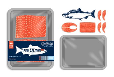 Vektör Alaska pembe somon paketleme illüstrasyonu. Plastik film maketli gri köpük tepsisi. Market, balıkçılık, ambalaj ve reklamcılık için modern stil deniz ürünleri etiketi