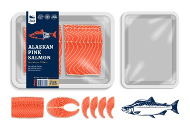 Vektör Alaska pembe somon paketleme illüstrasyonu. Somon biftek ve fileto. Plastik film maketli beyaz köpük tepsisi. Modern stil deniz ürünleri etiketi