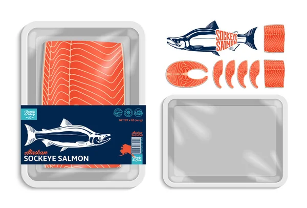 Vector Alaskan Sockeye Salmon Packaging Illustration White Foam Tray Plastic — Stock Vector