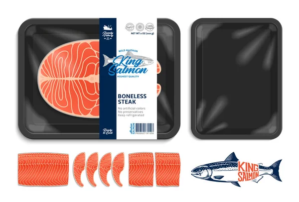 Vector Rei Salmão Embalagem Ilustração Bife Salmão Filé Bandeja Espuma — Vetor de Stock