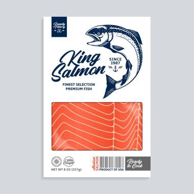Vektör Alaska kral somon paketi tasarımı. Modern stil deniz ürünleri etiketi şablonu