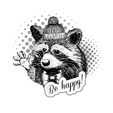 Vektör Rakun örme şapka ile. Tebrik, Selam. Merhaba beş.
