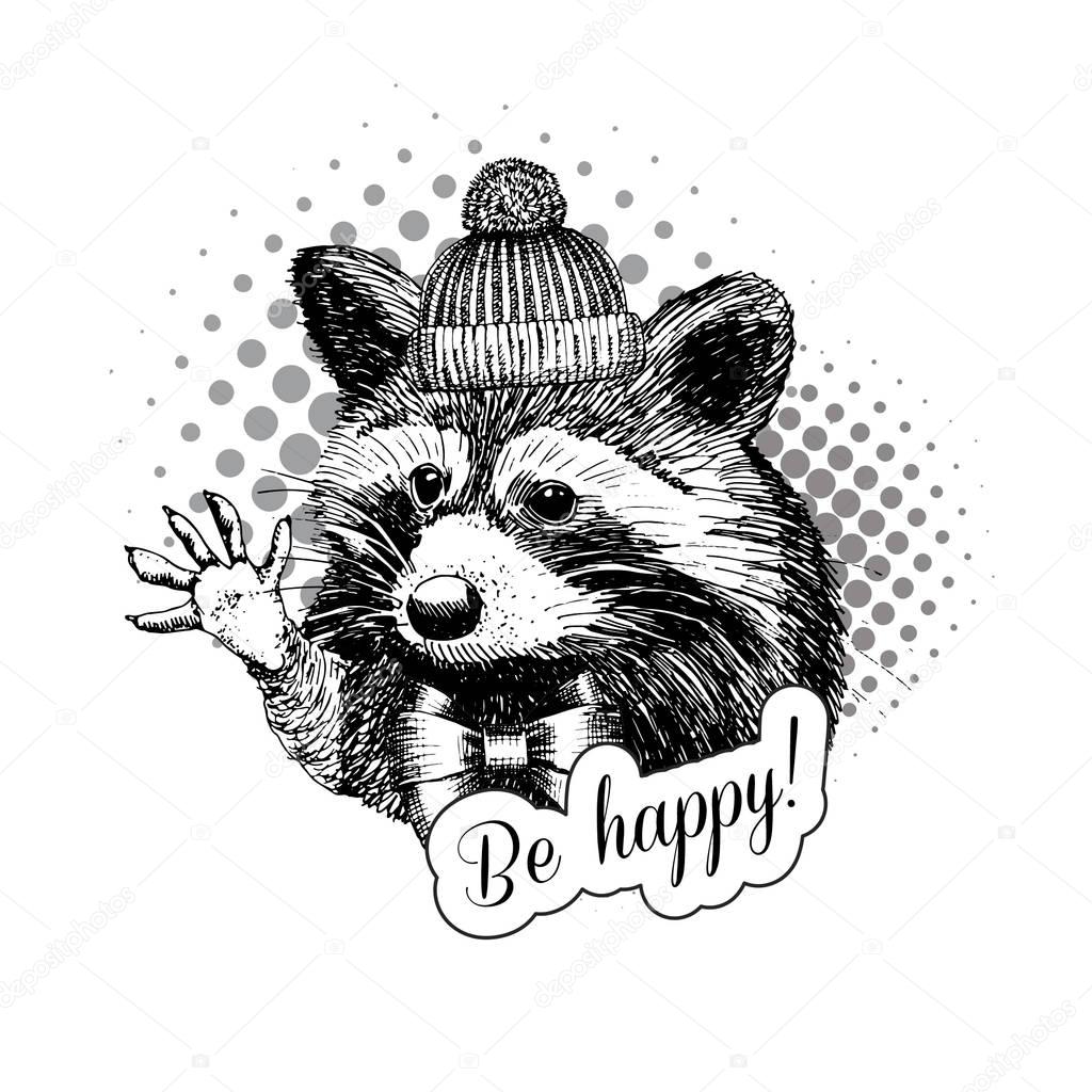 Vector raccoon with knitted hat. Greeting, salute. Hi five.