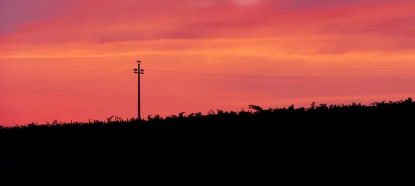 Sziluettjét az energia pilon egy rózsaszín naplemente — Stock Fotó