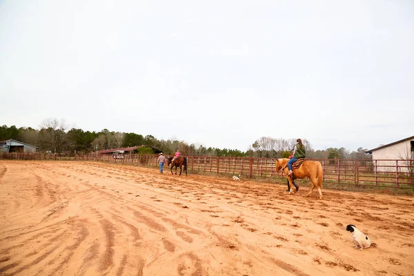 As pessoas gostam de montar cavalos no rancho. Fazenda, campo. Argila vermelha . — Fotografia de Stock