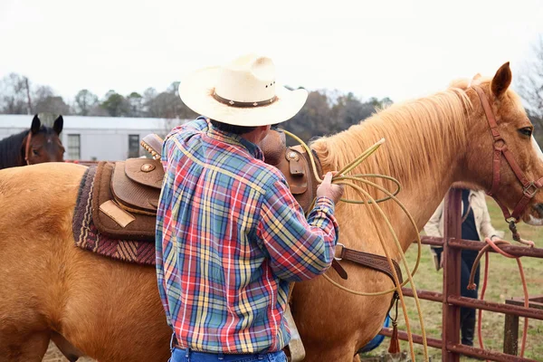 Cowboy med lasso dränka sin gul häst innan rodeo utbildning — Stockfoto