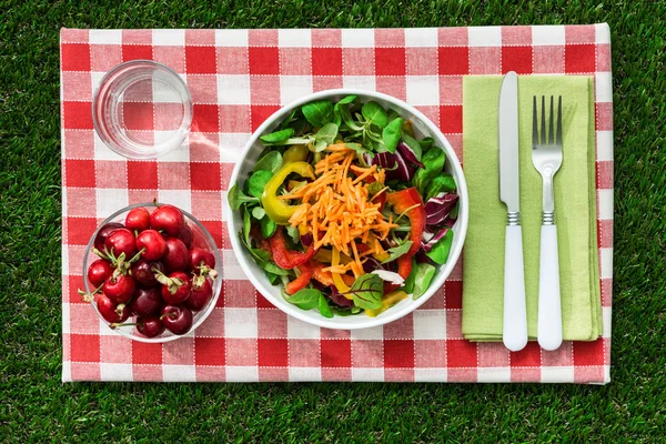 Ensalada sana fresca y mesa puesta en la hierba, picnic y concepto de alimentación saludable — Foto de Stock