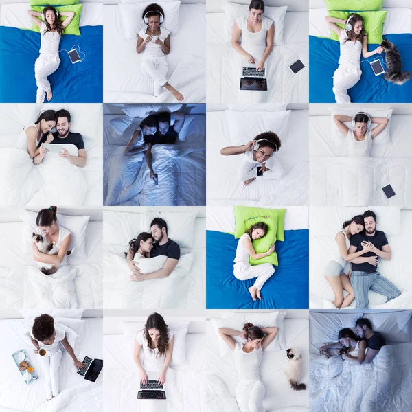 Personas acostadas en la cama y el estilo de vida dormitorio — Foto de Stock