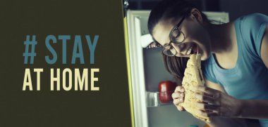 Humorous Coronavirus stay at home social media awareness campaign: hungry woman eating unhealthy food and coping with stress clipart
