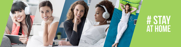 Счастливые женщины, поддерживающие профилактику коронавируса covid-19, остаются дома
