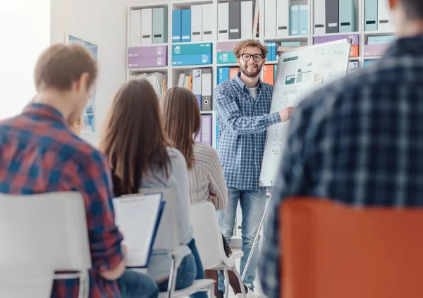 Zakelijke Presentatie Kantoor Een Jongeman Presenteert Een Project Het Whiteboard — Stockfoto