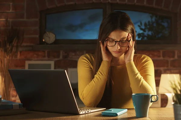 Young Woman Working Her Laptop Home Having Bad Headache She — Stock Photo, Image