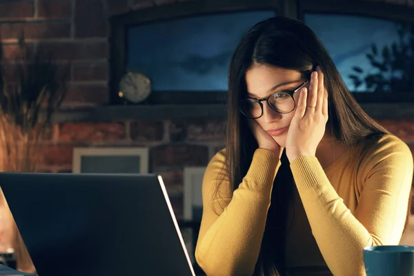 Young Woman Working Her Laptop Home Having Bad Headache She — Stock Photo, Image