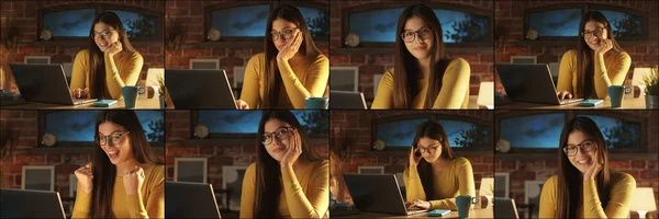 Jovem Mulher Sentada Mesa Trabalhando Com Laptop Expressões Humor Coleção — Fotografia de Stock