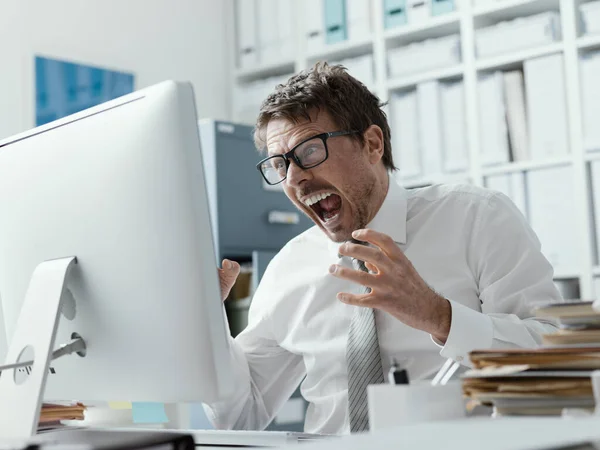 Angry Business Executive Shouting Computer Stressful Job System Failure Concept — Stock Photo, Image