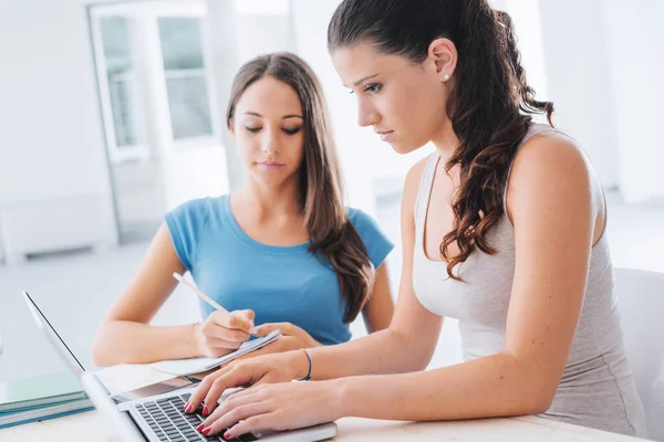 Junge Hübsche Studentinnen Arbeiten Einem Laptop Und Schreiben Hause Notizen — Stockfoto