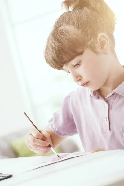 Cute Preschool Girl Painting Watercolors Home Creativity Education Concept — Stock Photo, Image