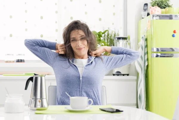 Tired Lazy Woman Having Breakfast Home Kitchen She Stretching Having — Stock Photo, Image