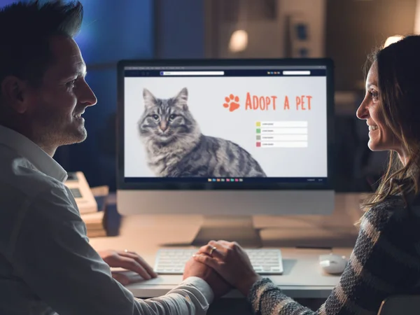 Young Loving Couple Holding Hands Home Connecting Computer Late Night — Stock Photo, Image