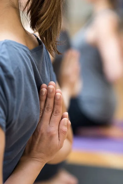 Young Women Practicing Yoga Together Doing Reverse Prayer Pose Clasping — Stock Photo, Image