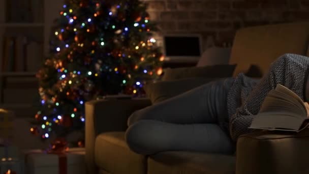 Woman reading a book and relaxing on Christmas — Stock Video