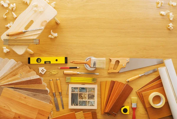 Diy Workbench Top View Carpentry Construction Tools Wooden Footstool Shavings — Stock Photo, Image