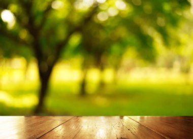 ahşap masa üstü ile bulanıklık Bahçe arka planda yeşil ttree