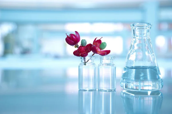 Flor vermelha com frasco e frasco para injetáveis em laboratório de ciências — Fotografia de Stock
