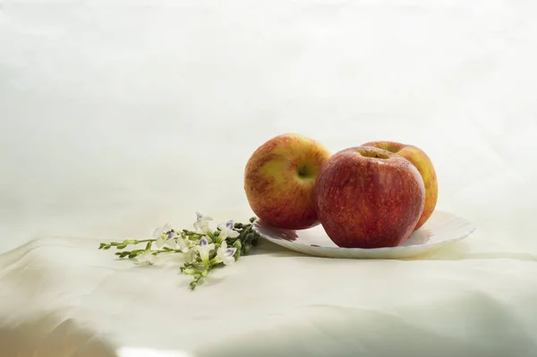 Três maçã vermelha amarela com flor branca em branco bege fab macio — Fotografia de Stock