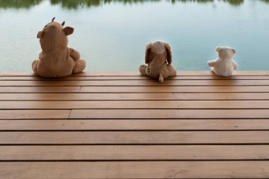 Üç tüylü, kahverengi gergedan köpeği ve beyaz ayı bebek ahşap terasta oturuyor mavi doğa suyuyla sosyal uzaklık kavramında