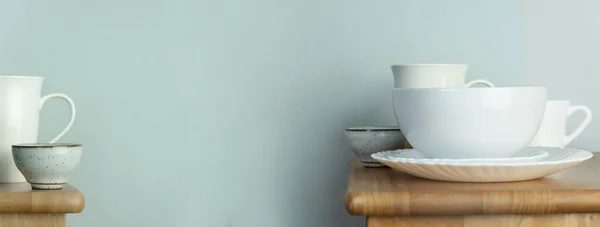 Fehér Kerámia Kávé Tea Bögre Vagy Csésze Étel Készlet Élelmiszer — Stock Fotó