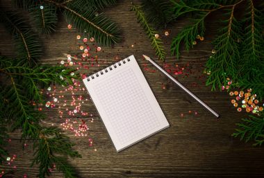 Not Defteri, kalem, çam dalları, payetler, yeni yıl