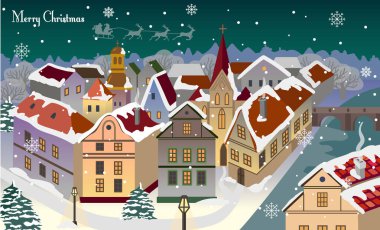 Karlı eski bir kasabanın Noel kartı.