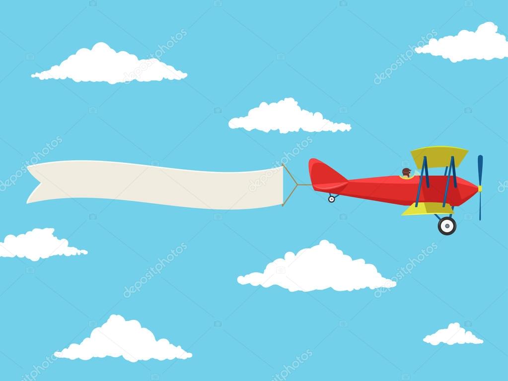 Red airplane with pilot and advertising banner in the cloudy sky