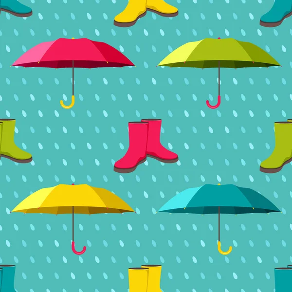 Seamless mönster med färgglada paraplyer och regn stövlar — Stock vektor