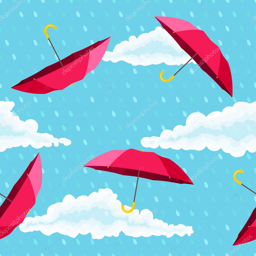 seamless pattern with red umbrellas, clouds and raindrops