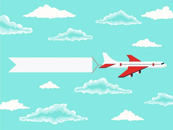 Avion et bannière publicitaire dans le ciel nuageux — Image vectorielle