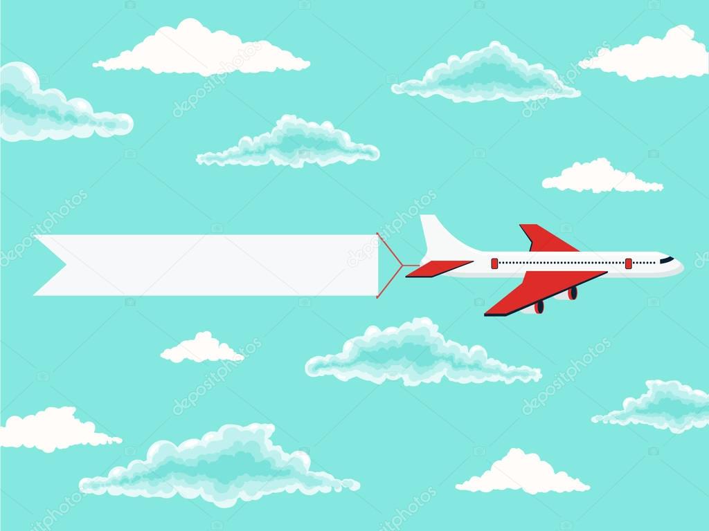 Plane and advertising banner in the cloudy sky