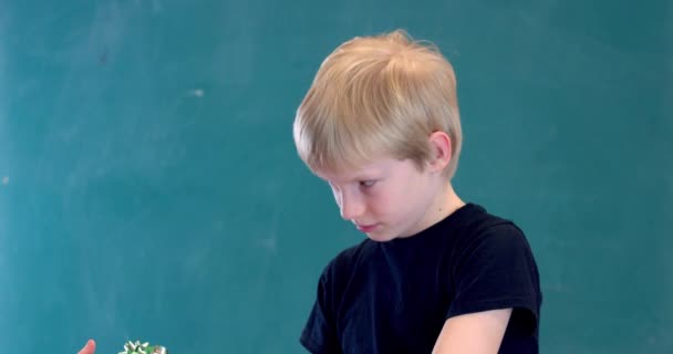 Sad Blond Boy Receives Gift Shows Great Joy — Stock Video