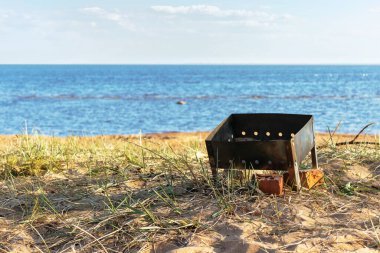 Kullanılmış Brezilya levreği, deniz koyunun kumlu kıyısında duruyor. Çatlak tuğlalar ve kömür parçaları Brezilya 'nın etrafına saçıldı. Çimenler kumu delip geçer. Arkaplan bulanık.