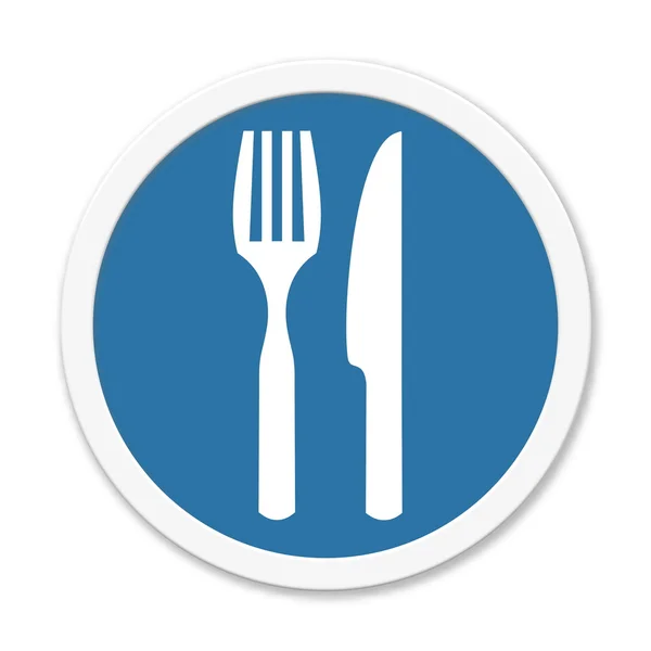 Блакитна кругла кнопка з символом: вилка і ніж — стокове фото