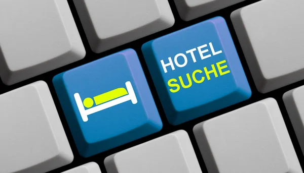 Blaue Computertastatur Hotelsuche deutsch — Stockfoto