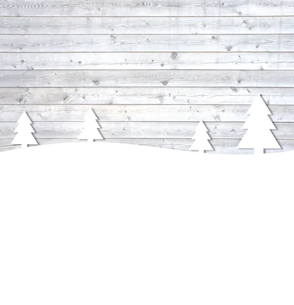 Light grey wooden planks with white winter landscape — Stock Photo, Image