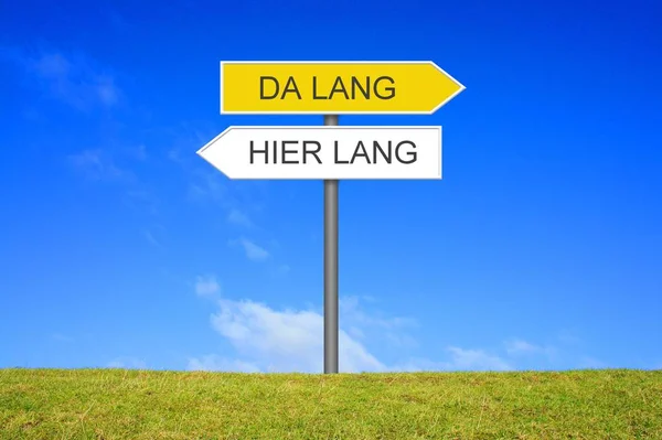Signpost showing Here or There german — Stock Photo, Image